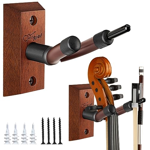 SNIGJAT Violin Wall Mount, 2 Pack Hardwood Violin Hanger with Bow Holder, Vertical Wall Hook Display Stand Fits 4/4 3/4 1/2 1/4 Violins, Decorative Holder for Home Studio Music Room