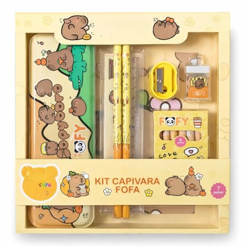 Kit Escolar Capivara Fofa com 12 Peças, Estojo Lata, 2 Lápis HB Decorados, Régua 15cm, Apontador Amarelo, Borracha com Capinha, 6 Mini Giz de Cera, Ideal para Uso diário, Tema Capivara