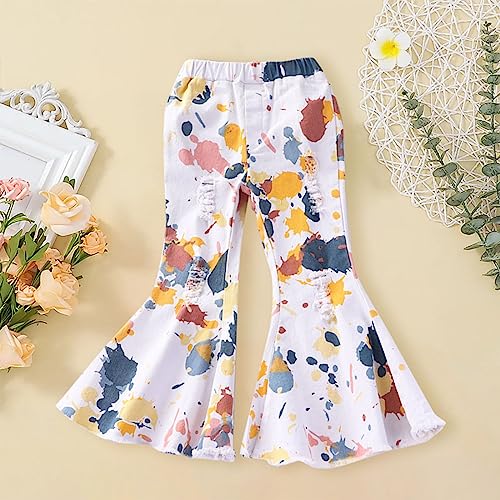 Cute Kids Girls Pull On Flared Pants Elastic Waist Ripped Denim Pants Colorful Doodle Stretch Bell Bottom Pants3