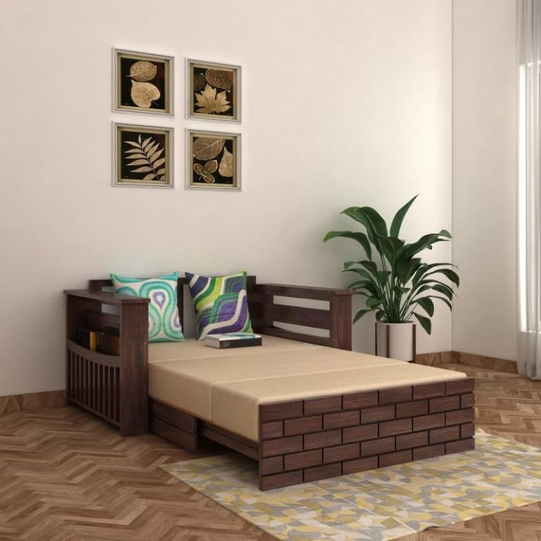 Image of Solid Sheesham Wood Sofa Cum Bed 2 Seater | Wooden Foldable Double Bed for Living Room with Headboard & Storage | Bed Cum Sofa with Mattress for Bedroom Furniture (Walnut Finish)
