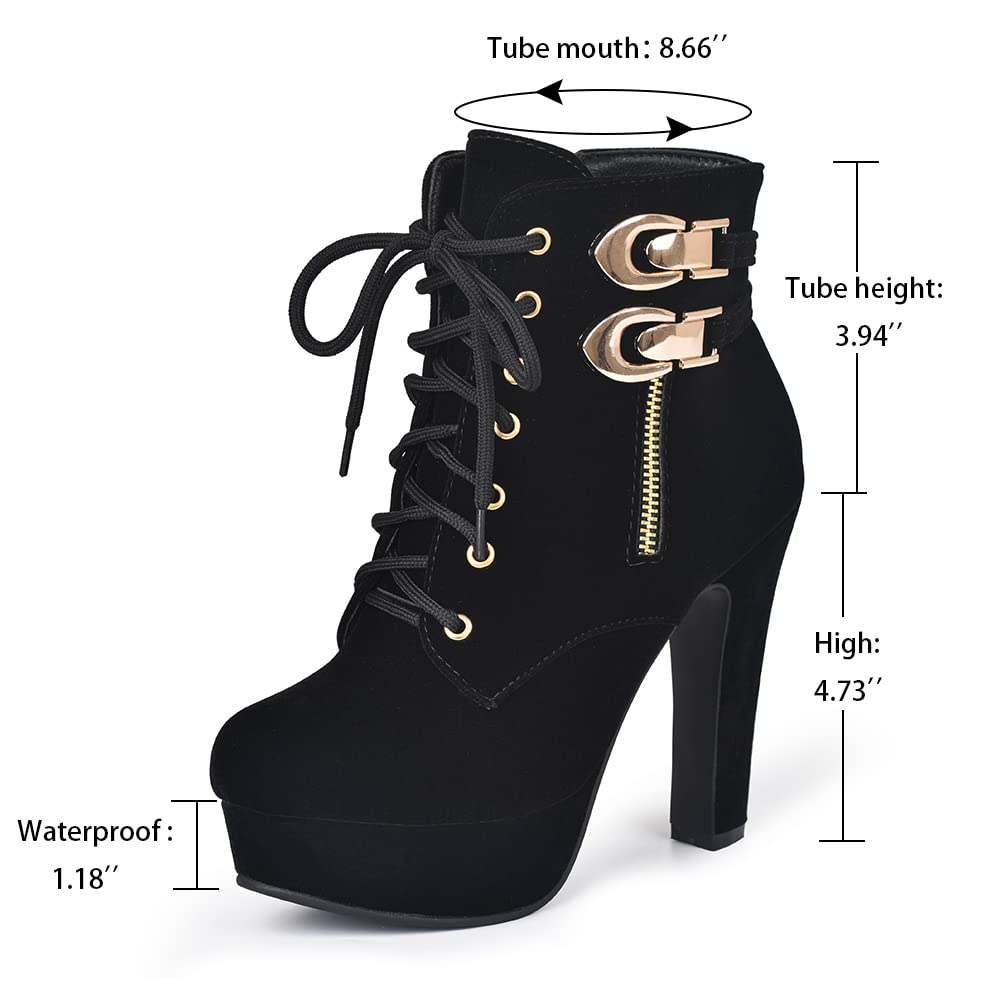 Susanny High Heel Boots for Women,Womens Platform Boot Heels Sexy Round Toe Lace UP High Heels Mid Calf Boots