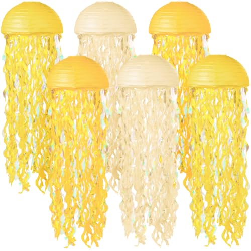 Image of Jellyfish Paper Lanterns 6 Pcs Hanging Ocean Sea Party Decor | Jelly Fish Paper Lanterns for Mermaid Under The Sea, Ocean, Baby Shower and Spongebob Birthday Party Decorations