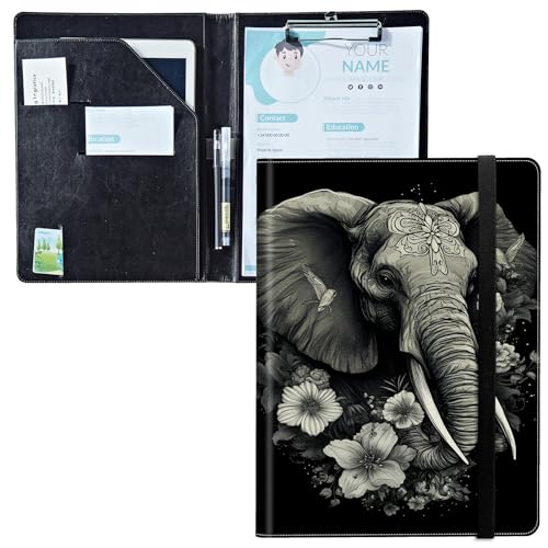 Padfolio with Clipboard, PU Leather Portfolio Folder A4 Size Writing Clipboard Storage with Notepad/Business Card/Cash Pockets for Business School Office, Decorative Elephant