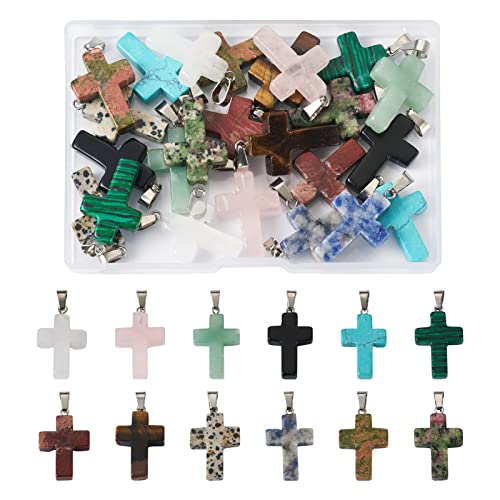 Beadthoven 約24個/箱 クロス 天然石&合成石 ペンダントパーツ 十字架 ジェムストーン パワーストーン 留め具付き ナチュラル チャーム ヒーリング 浄化グッズ アクセサリーパーツ ジュエリー用 DIY ハンドメイド 手芸材料 手作り素材 ク