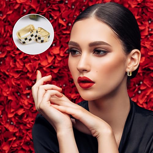 Dainty Checkered Hoop Earrings, 18K Gold Filled Enamel, Chunky Oval Hoops, Hypoallergenic Earrings3