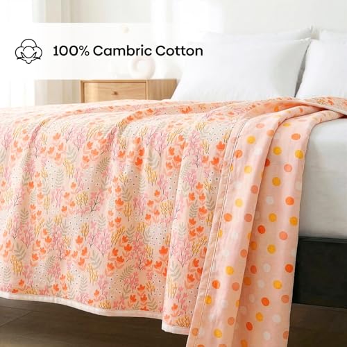 Image of haus & kinder Cotton Dohar for Single Bed | Lightweight Summer AC Blanket | 3 Layer Soft Breathable 100% Cotton Quilt for Bed | Kawai Bloom Blush Pink | 144 TC | 220 x 142 cm (87 x 56 Inches)