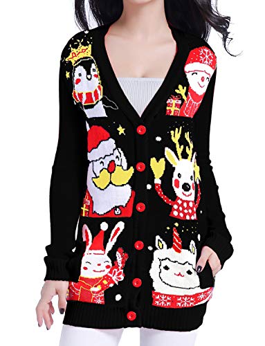 v28 Ugly Christmas Sweater for Women Vintage Funny Merry Knit Cardigan Sweaters (Small, Happy Cardigan Blac18)