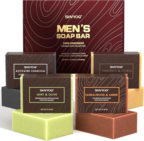 4 Pcs Natural Men`s Soap SHVYOG Men`s Bar Soap Handmade Exfoliating Deep Cleansing Refreshing Moisturizing Bar for Body & Face - Sandalwood Amber Mint Charcoal Turmeric 600g