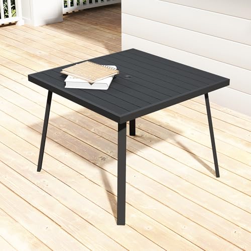 Helios&Hestia Square Steel Outdoor Patio Dining Table with Umbrella Hole for Garden, Backyard, Porch, Deck, Black