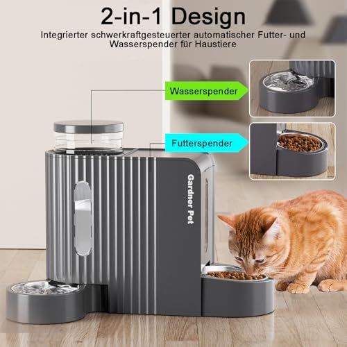 Gardner Pet Automatischer Futterspender für Katzen/Hunde 2 Näpfe(3L*2), Futterautomat Katze und Wasserspender Hund mit Edelstahlschüssel, Ohne Strom, BPA Frei, Gravitation Katzenfutter Automat (Grau)