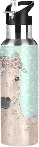 Vista 7 de Flower Horse - Botella de agua de acero inoxidable con aislamiento al vacío, botella de boca estándar con asa ancha Sirena,Horse 1,Horse