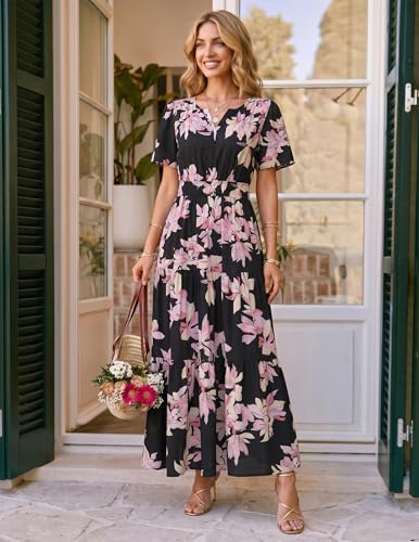 Image of ZESICA Women's 2026 Summer Spring Floral Boho Maxi Dresses Casual Short Sleeve V Neck A Line Flowy Beach Vacation Dress
