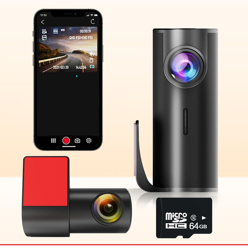 2K Dual Recording Dash Cam, 1296P HD, 140° Wide-Angle, 360° Rotation, Starlight Night Vision, Radar Induction,Built-in WiFi Free 64GB TF Card