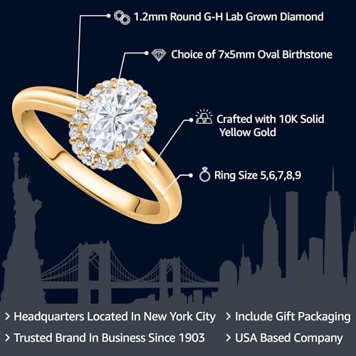 Gem Stone King 10K Yellow Gold Customized and Personalized 7X5MM Oval Gemstone Birthstone and White Lab Grown Diamond Halo Engagement Ring For Women2