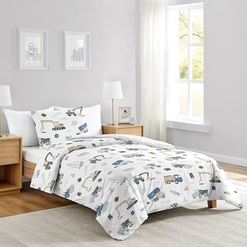 Image of Sweet Jojo Designs 2-Piece Twin Comforter Set (Green Construction Truck) for Boys, Children, Kids Bedding, Bed in a Bag incl. Blanket & Pillow Sham (Transportation, Gray, Blue, Grey & Yellow, Trucks)