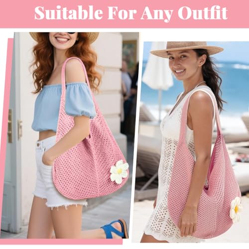 Image of PALAY Tote Bag for Woman Crochet Mesh Beach Shoulder Bags with Flower Brooch Summer Vacation Knitted Bag for Women Shoulder
