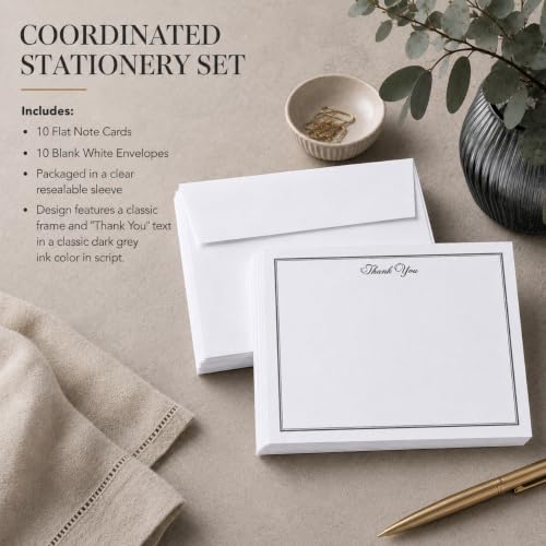 Image of 10 Thank You Note Cards & 10 White Envelopes, FLAT Thank You Stationery Set | For Men and Women, Blank Thank You Notes for Wedding, Baby Shower, Graduation, Classic Style