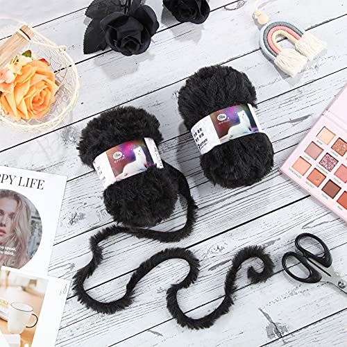 Image of 2 Pieces Soft Fur Yarn - Fuzzy, Fluffy Faux Fur Eyelash Yarn, Cream for Crochet, Knitting Projects - 30m /50g Each(Black)