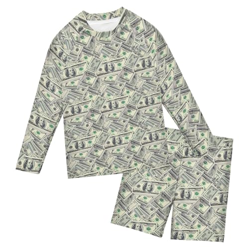 Paper Money Hundred Dollar Bills Baby Boys' Toddler Long Sleeved Rashguard Swim Bathing Suit Set B0405083