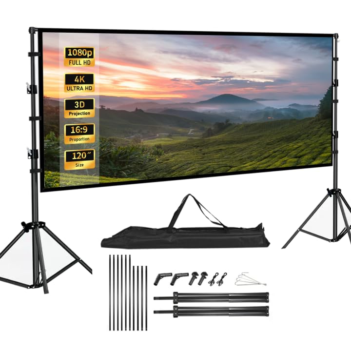 Pantalla videoproyector de 120 pulgadas plegable de 16: 9 4K HD, pantalla de proyección en pie, pantalla proyector con bolsa de transporte para cine en casa, oficina, viaje