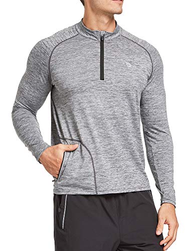BALEAF Men's 1/4 Zip Long Sleeve Running Shirts Lightweight Pullover Quick Dry Zipper Pocket Heather Gray Size M