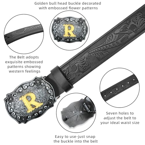 Image of Mens Western Cowboy Cowgirl Faux Leather Belt Longhorn Bull Pattern Letter Big Buckle Embossed Floral Belts