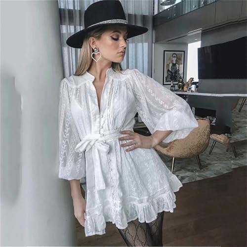 Women Embriodery Beach Dress Lantern Sleeve Summer Hollow Out Button Sash Dresses4