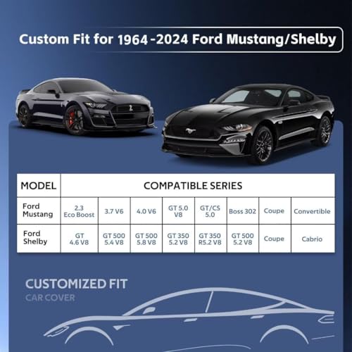 Image of 10 Layers Car Cover Custom Fit for Ford Mustang, Shelby, GT350, GT500 (1964-2026) Waterproof All Weather for Automobiles, Outdoor Full Cover Sun UV Rain Protection.Black