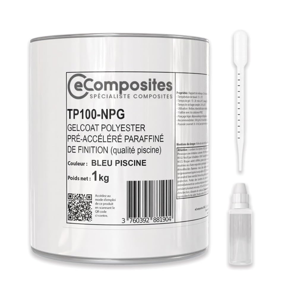 Gelcoat Polyester Piscine | 1 kg | Bleu Piscine | + Catalyseur PMEC + Pipette de dosage 3 ml, Gel Coat pour Rénovation et Finition Bassin Polyester