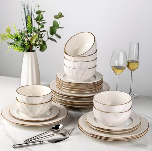 Image of GBHOME Ceramic Dinnerware Sets, 24 pcs Embossed Elegant Stoneware Plates and Bowls Sets, Housewarming Wedding Gift | Dishwasher & Microwave Safe | Dishes Set Service for 8