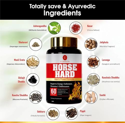 Image of Glowsik Horse Hard Men's Energy & Stamina Support Capsules | Herbal Formula with Shilajit, Ashwagandha, Shatavari, Gokshura & Kauch Beej | Daily Vitality Supplement for Men (60 Capsules .)