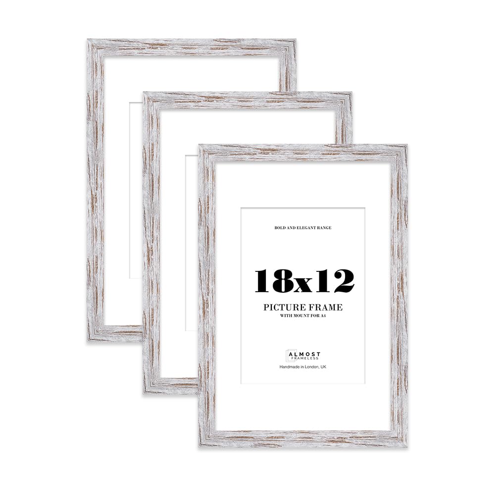 18x12 Distressed Wood Frame With Mount for A4 Pictures 28mm Edge Portrait and Landscape Display with Wall Hooks, 3 Pack