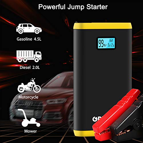 GREPRO Car Battery Jump Starter for 12V Vehicle (up to 4.5L Gas, 2.5L Diesel Engine), Battery Booster Jump Starter with LED Flashlight and LCD Screen, Portable Power Pack with Quick Charge