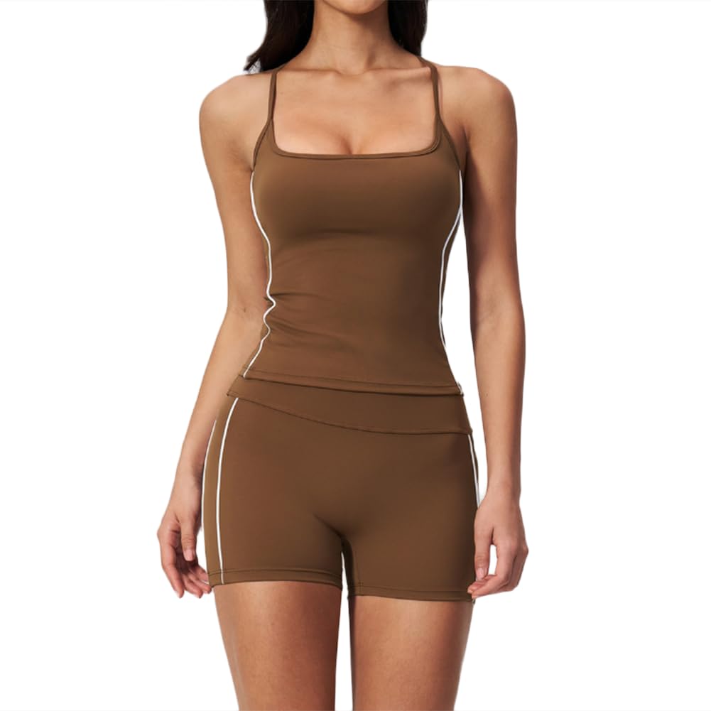 XYFfybhsd Breathable Lightweight Yoga Set Quick Dry Racerback Yoga Top & High Waist Biker Shorts for Pilates and Gym Training(Size:L,Color:Brown)