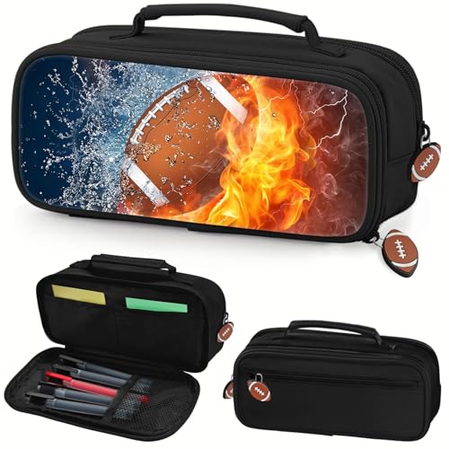 Image of American Football Pencil Case for Boys - Large Pencil Pouch for Boys with Zipper Compartments & Handle - Big Capacity Pen Organizer Box Bag for Kids Teens School Supplies