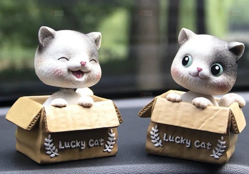 Lucky Cat Car Dashboard Ornament Cute Bobblehead Cat Doll Shaking Head Cat Dashboard Decoration, Cartoon Cat Figurine Dancing Toy for Car, Home, Office Desktop Decor-White