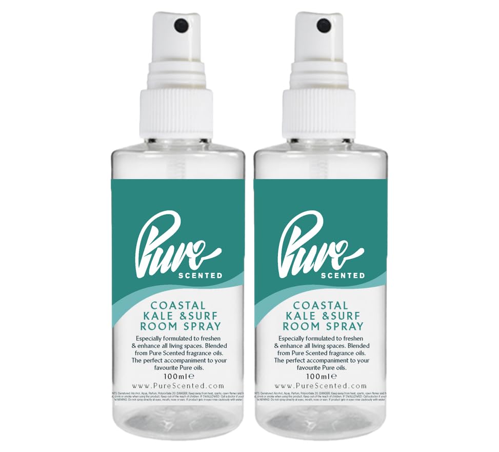 "Pure Scented 200ml Room & Fabric Sprays 2 x 100ml Suitable For Home, Car, Caravan, Work, Gym Bags, Odour Eliminators (2 x 100ml, Coastal Kale & Surf)"