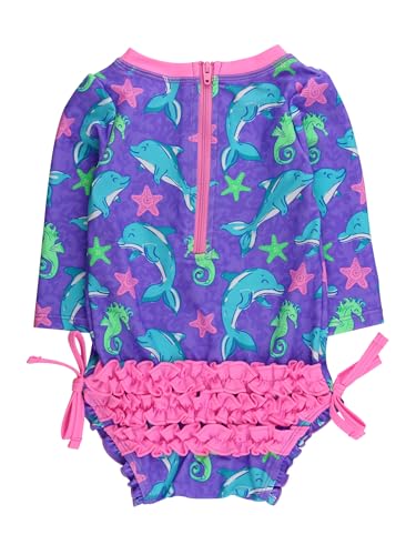 Image of RuffleButts Baby Girls UPF 50+ Sun Protection Floral Printed Long Sleeve One Piece Rash Guard Swimsuit with Zipper