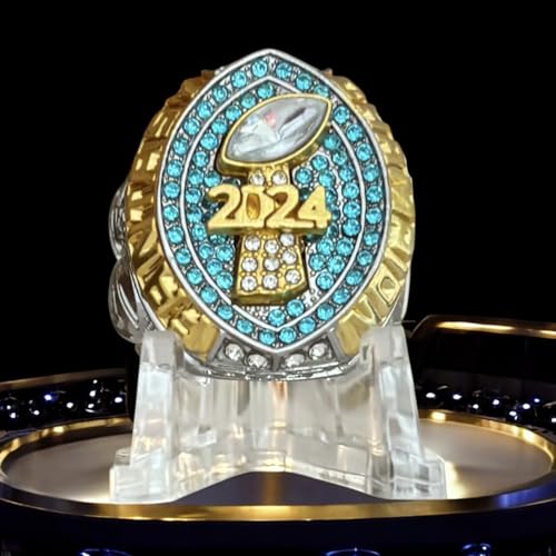 Legacy Rings 2024 Fantasy Football Championship Trophy Ring Gold Silver Tone, Award for Fantasy Football League Winner Light Blue Stones Size 102