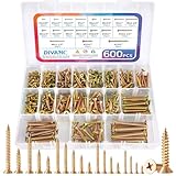 DIVANC 600Pcs Stainless Steel Zinc Plated Wood Screws Assortment Kit, #4#6#8#10#12 Phillips Flat Head Sheet Metal Screws Self Tapping Screws Set,Length 3/8' to 2' (Yellow-Flat Head 600PCS)