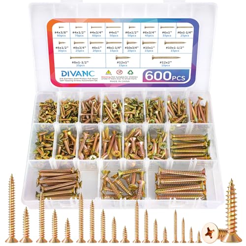 DIVANC 600Pcs Stainless Steel Zinc Plated Wood Screws Assortment Kit,