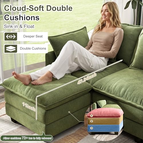 Image of 107 inch Cloud Couch Sectional Modular Sofa, Deep Seat Couches with Ottoman and Removable Washable Pillows for Living Room, Bedroom, Apartment, Green
