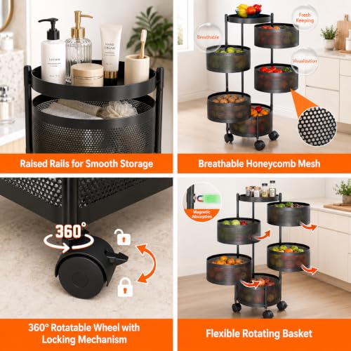 Image of Homeor 5 Layer Kitchen Trolley with Wheels | 360 Rotating Metal Storage Rack for Vegetables, Fruits, Onion & Spices | Square Multipurpose Kitchen Organizer Stand | Metal Kitchen Trolley, Matte Black
