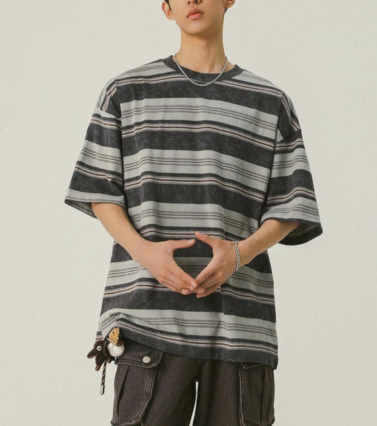 Men's Y2K Striped Baggy T-Shirt Alt Emo Summer Crewneck Short Sleeve Streetwear Top Harajuku Grunge Aesthetic Tees4