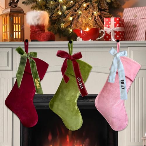 UIDMEN Cintas de terciopelo personalizadas con nombre bordado, lazos de terciopelo rústico para calcetines de Navidad, árbol, coronas, chimenea, regalos y decoración del hogar de vacaciones, lazos de