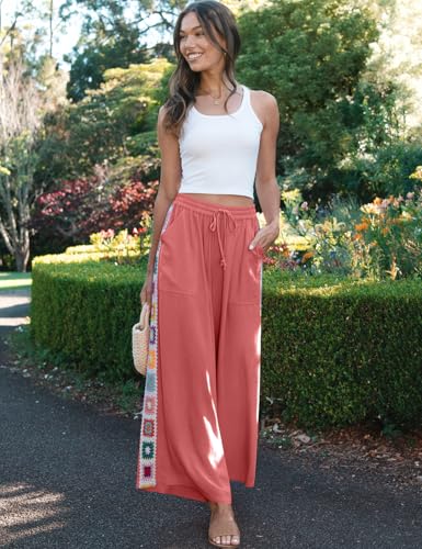 Image of TARSE Womens Wide Leg Linen Pants Summer Casual Drawstring Loose Lounge Palazzo Crochet Panel Pant with Pocket