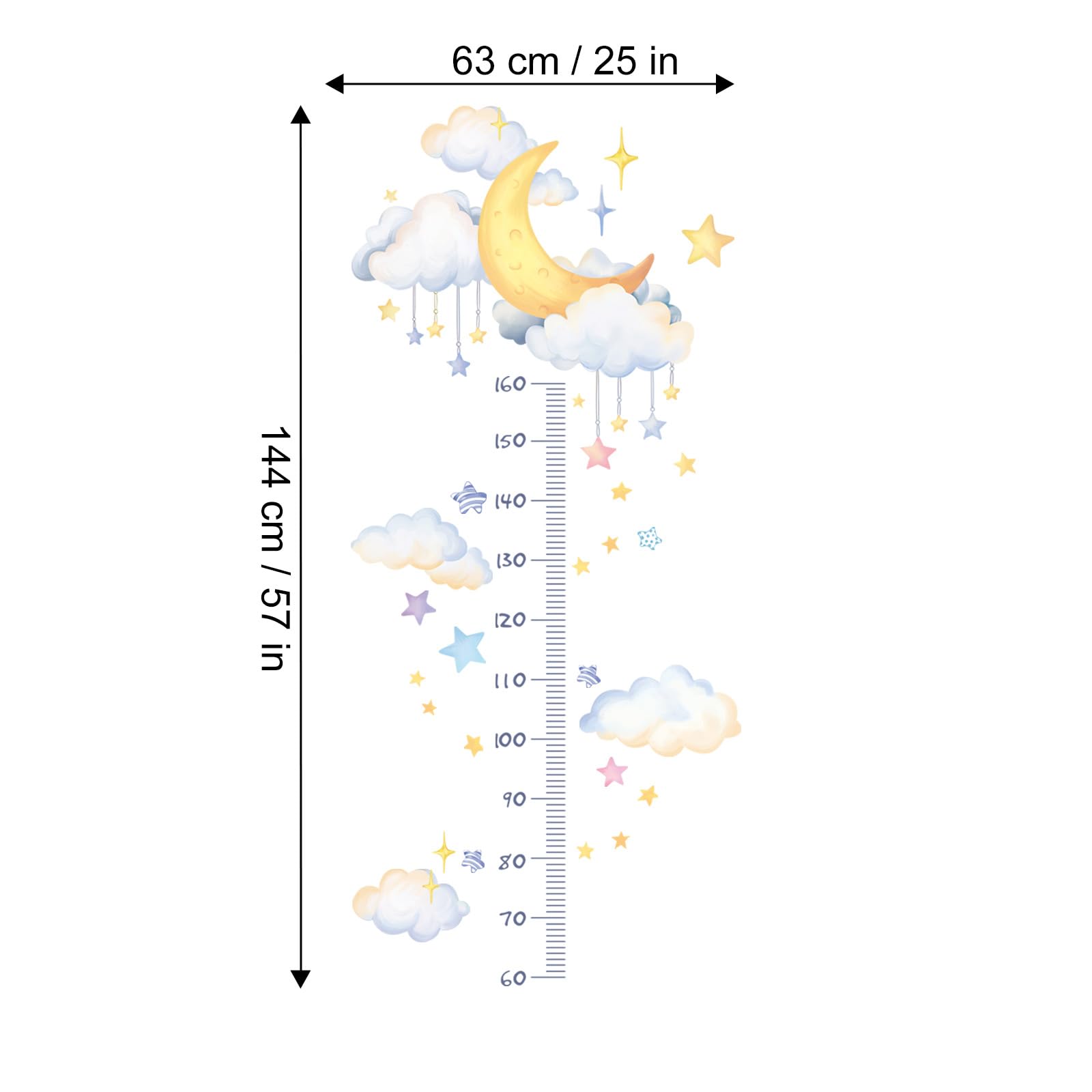 Pegatinas de Pared Medidor Altura Infantil Acuarela Adhesivos Pared Decorativo Luna Nubes Estrellas Vinilos para Habitación Bebé Niños Dormitorio Guardería
