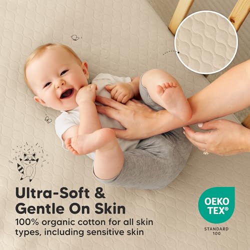 Image of 2-Pack Waterproof Crib Mattress Protector Cover Fitted - Quiet Baby Crib Mattress Pad Sheets, 52 inch x 28 inch Soft Quilted Cotton Baby Sheet, Machine Washable, Easy Fit, Durable (Oat /Mavy)