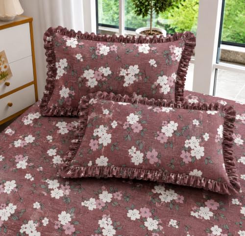 Image of 320 TC Premium Soft Cotton Feel Microfiber Elastic Fitted Bedsheet King Size (72 x 78 x 8 Inch) with 2 Frill Pillow Covers | All Around Elastic Double Bed Sheet | Multicolor
