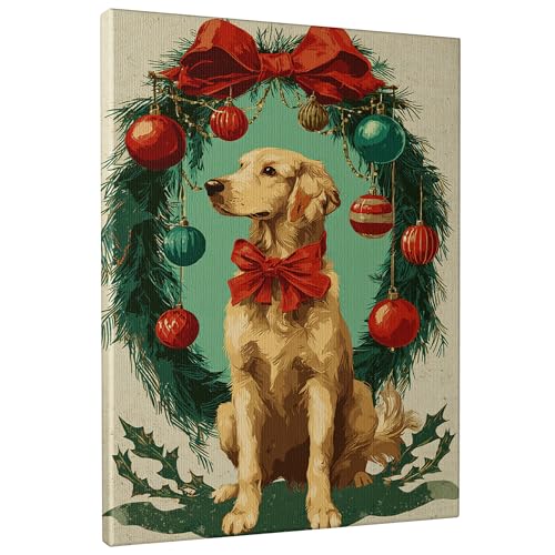 Lienzo decorativo para pared de cocina, diseño vintage de corona festiva con lazo de Navidad, color rojo, impresiones para colgar en la pared, arte para comedor, restaurante, desayuno, rincón
